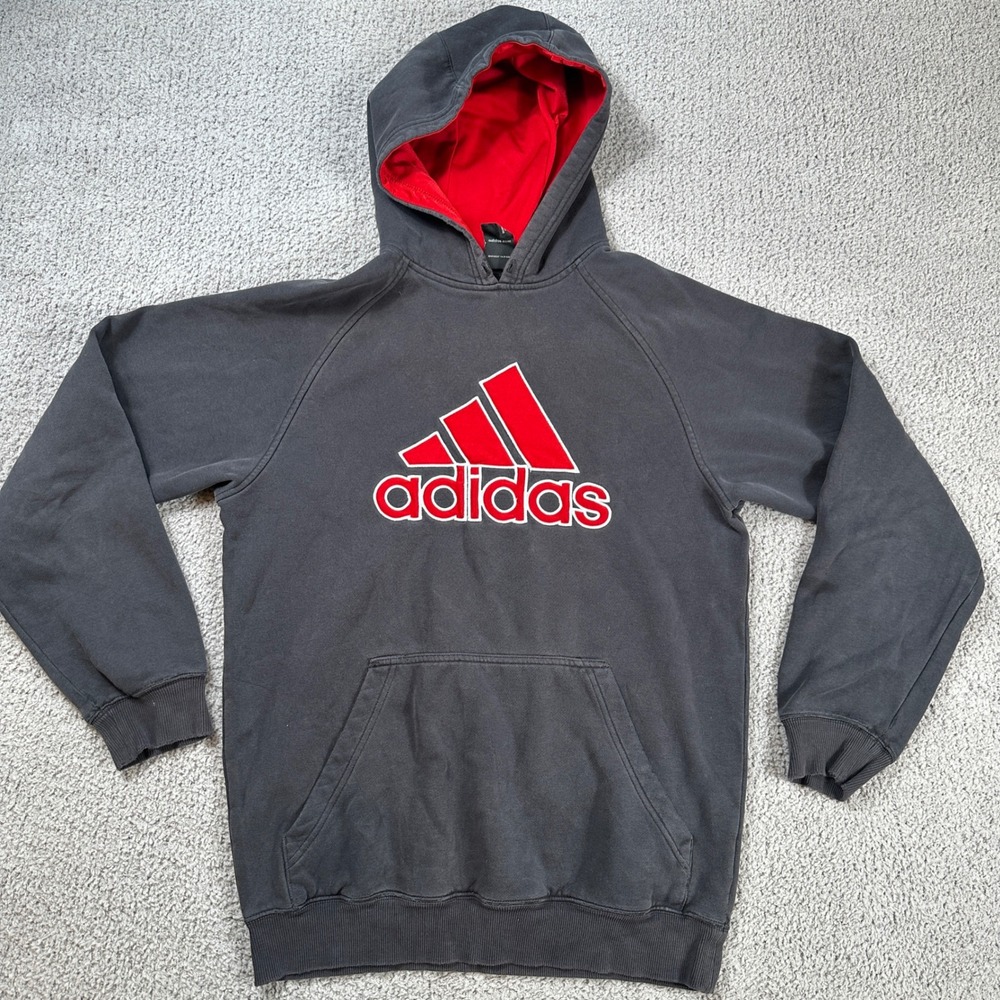 Adidas Hoodie Gray Red Logo Pullover Hooded Sweatshirt‎ Size S Athletic Classic